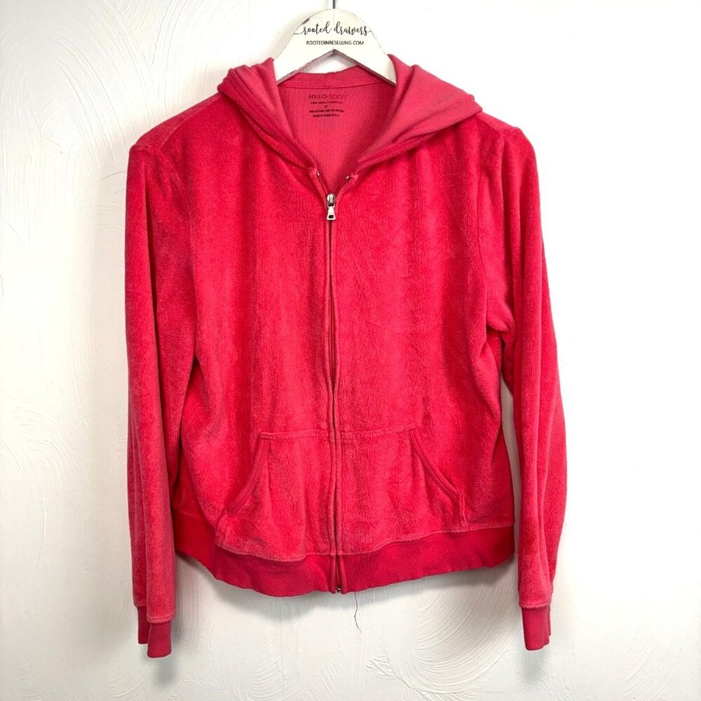 NY&C Sport Velour Track Jacket Pink Long Sleeve Zip Up Hooded 90s Y2K Womens M